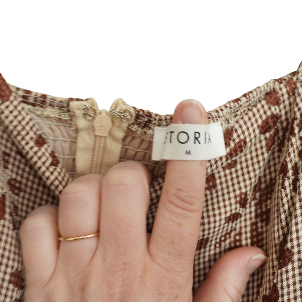 Storia Brown Gingham Floral Puff Sleeve Mini Dress Square Neck Smocked Cottage - Picture 6 of 8